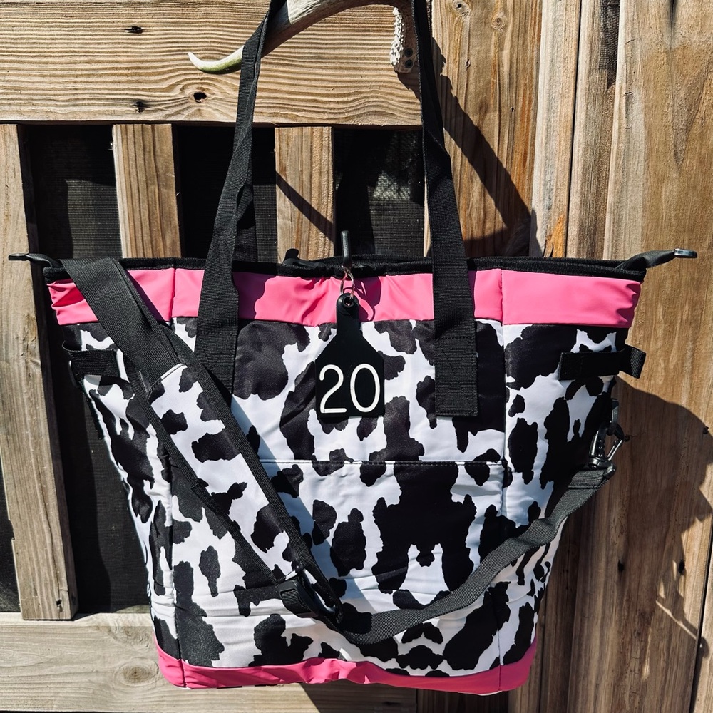 🩷NEW INSULATED COW PRINT FAMILY SIZE LUNCH TOTE BAG SACK with a REAL COW EAR TAG